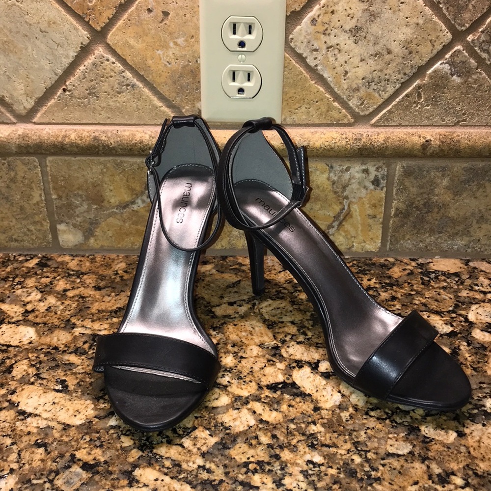 Black ankle strap high heel sandals. 8.5